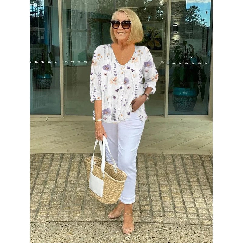 Joanne | V-Neck Printed Button Tunic Top