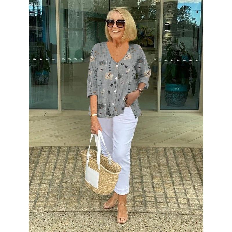 Joanne | V-Neck Printed Button Tunic Top