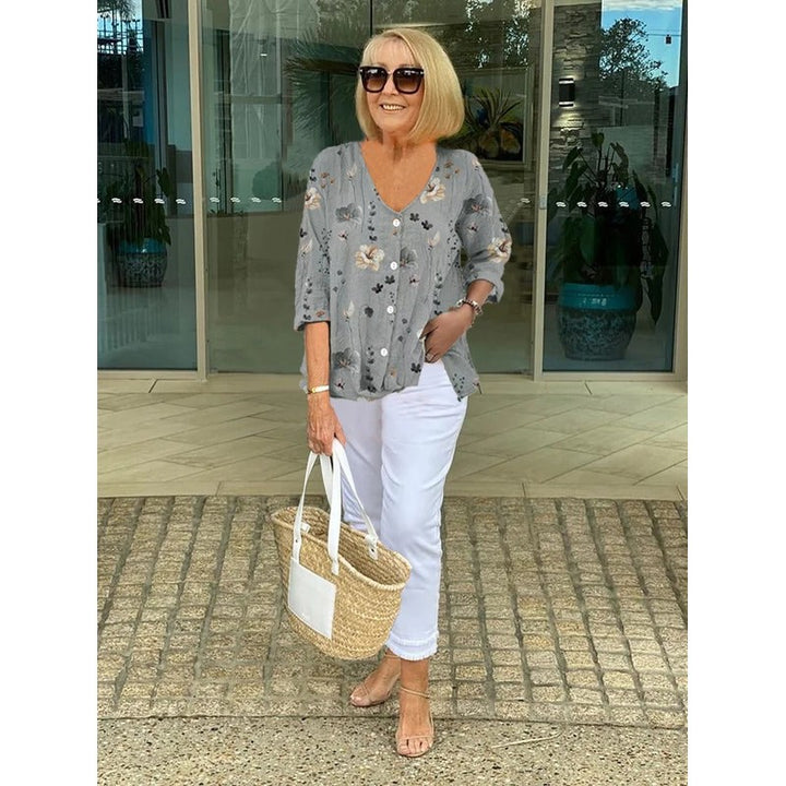 Joanne | V-Neck Printed Button Tunic Top