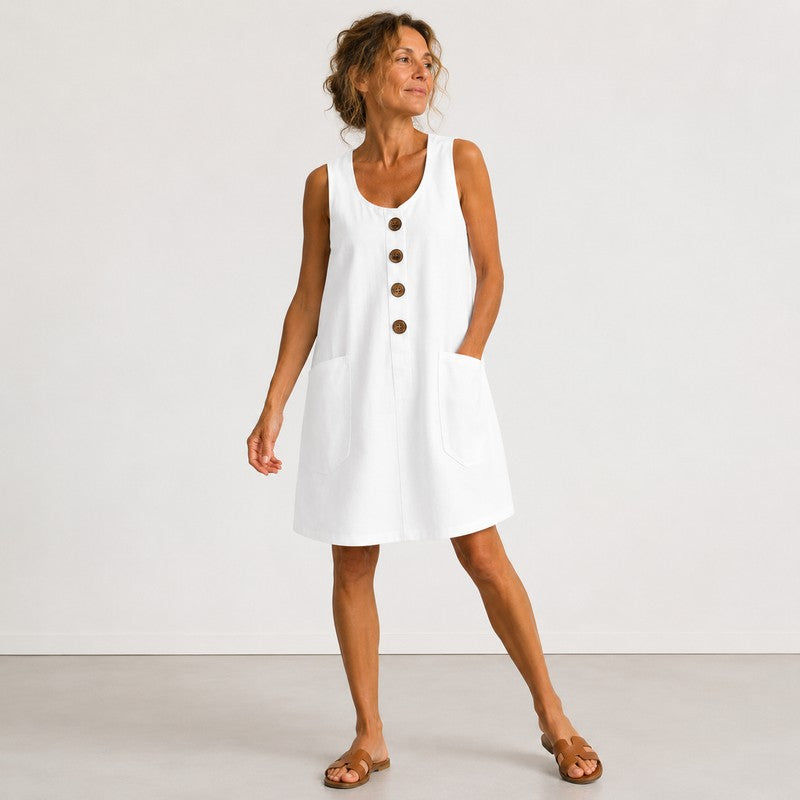 Macey | Cotton Linen Sleeveless Button-Front Midi Dress
