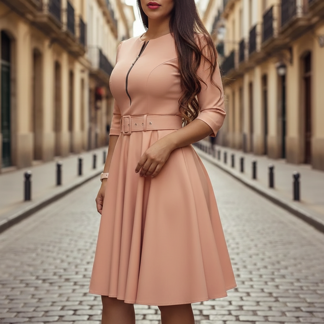 Sienna | Women's Flared Dress with Front Zip and Belt