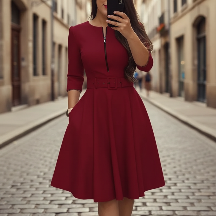 Sienna | Women's Flared Dress with Front Zip and Belt