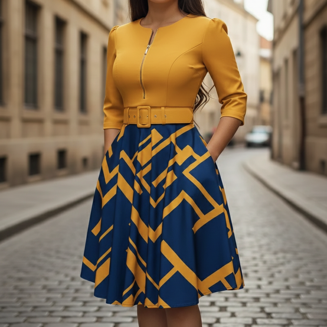 Sienna | Women's Flared Dress with Front Zip and Belt